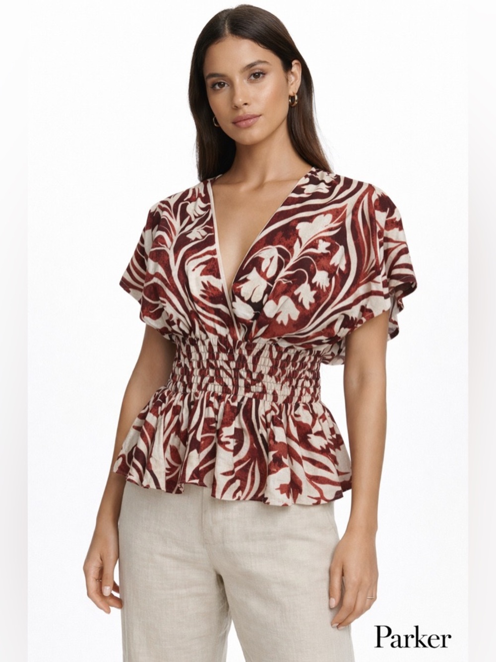 Parker Hallie Peplum Red Floral Smocked Waist Boho Feminine V-Neck Blouse New 2